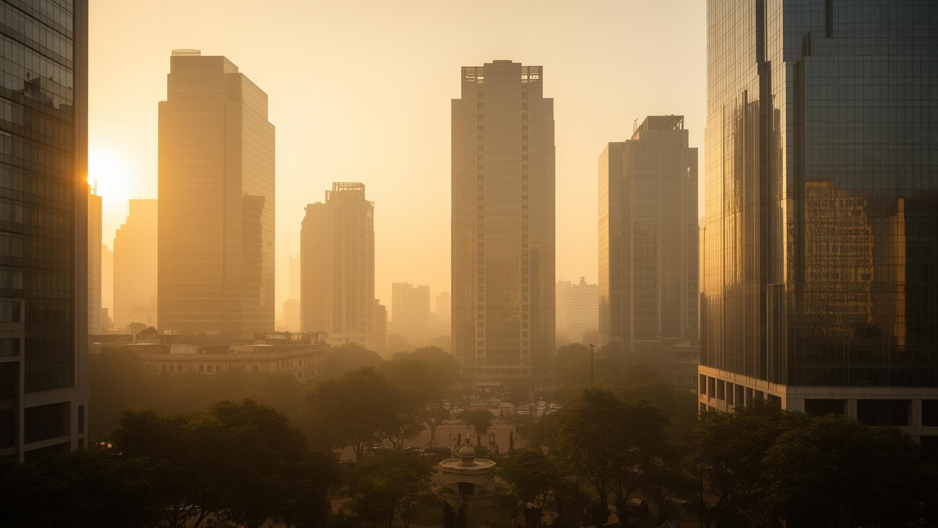 New Delhi business district at golden hour